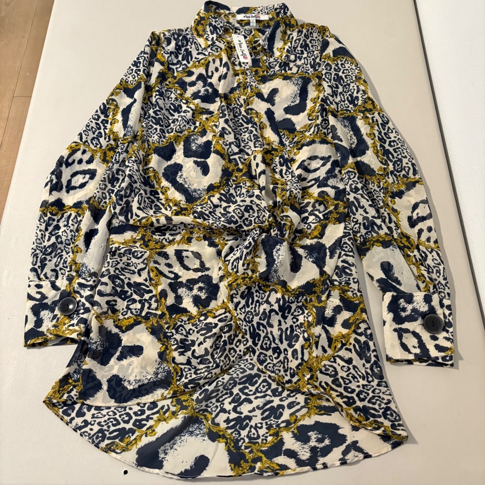 Miss Selfridge Leopard Chain Print Button Down Long Sleeve Blouse Shirt Top Sz M